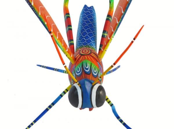 Orange Grasshopper Alebrije, Blas Alebrije, blue/orange, 9.5-inch long, front view