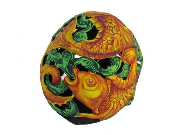 Skull, Paper Maché Art, green with fish, 7-inch