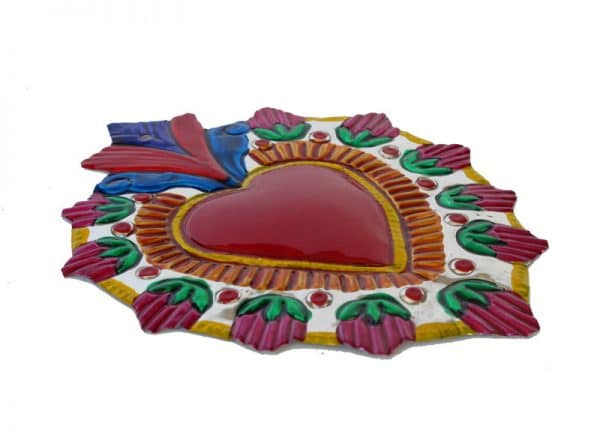 Heart with Red Buds Border, Mexican Tin Wall Art, 6.5-inch