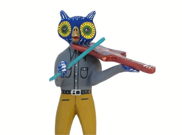 Owl Violinist, Oaxacan Carving, 7-inch, front close up view