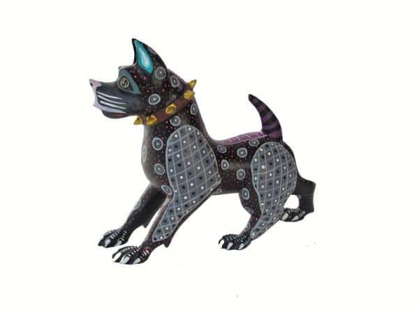 Black American Pit Bull, Oaxacan Wood Carving, grey/blue, left side view
