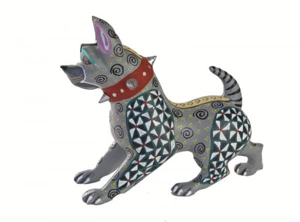American Pit Bull Dog, Oaxacan Wood Carving, grey/black/white, 6.5-inch long
