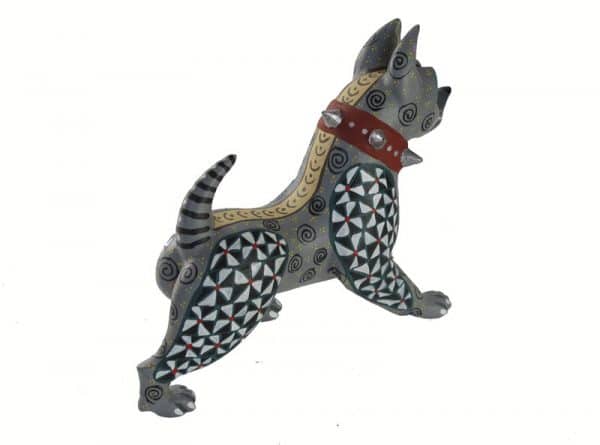American Pit Bull Dog, Oaxacan Wood Carving, grey/black/white, 6.5-inch long