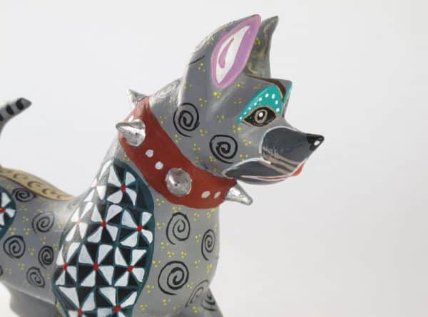 Gray Pit Bull, Oaxacan Wood Carving, grey/black/white, face detail