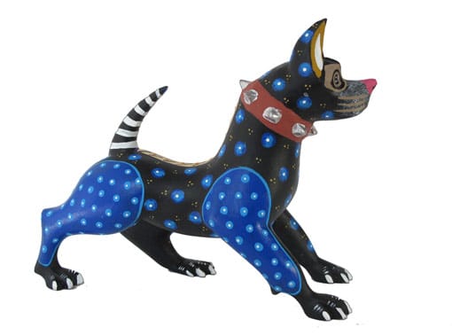Blue American Pit Bull Dog, Oaxacan Wood Carving, black/blue spots, right side view