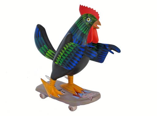 Skateboarding Rooster, Oaxacan carving by Avelino Perez, black