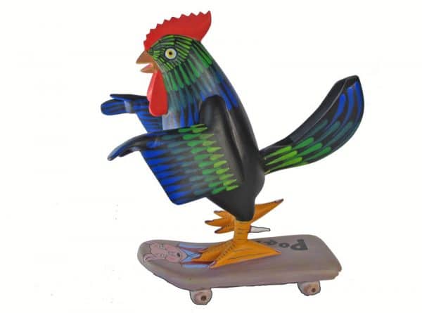 Chicken on Skateboard, Oaxacan carving by Avelino Perez, black