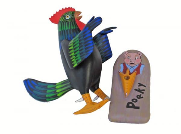 Skateboarding Rooster, Oaxacan carving by Avelino Perez, black