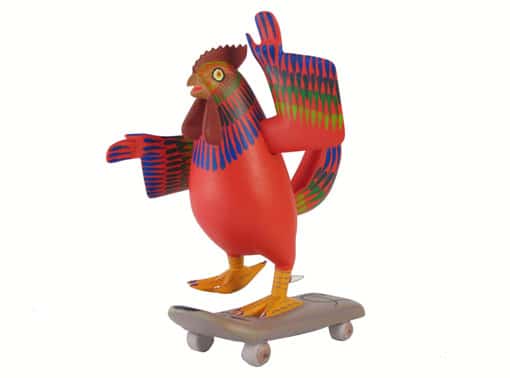 Rooster Riding A Skateboard, Oaxacan carving by Avelino Perez, front side