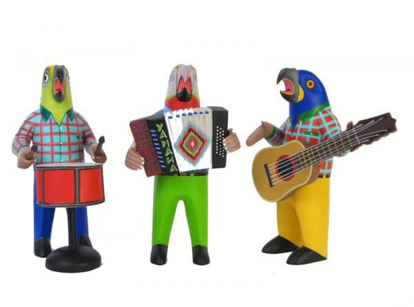 Nahual Parrot Music Band, Oaxacan Carvings by Avelino Perez, drummer, guitarist, and accordion player