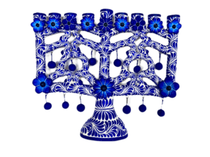 Blue And White Menorah, 9 Inches Wide, Front View