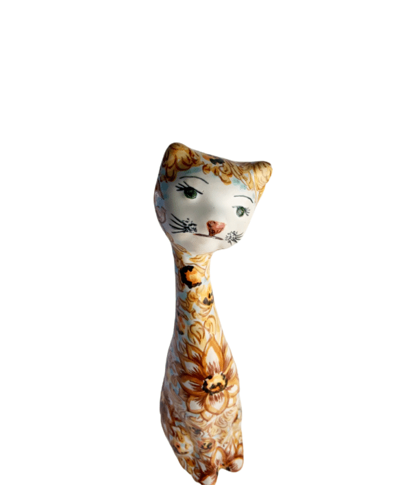 Brown Floral Cat Figurine, Mexican Pottery, Face Detail
