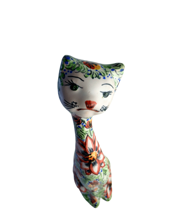 Green Floral Cat Figurine, face detail