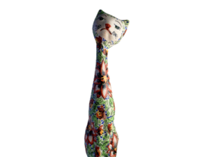 Green Floral Cat Figurine, Mexican Pottery, Front View