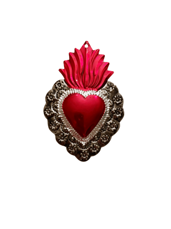 Flaming Red Heart Ornament, with Silver Border view 1 Silver Border view 1