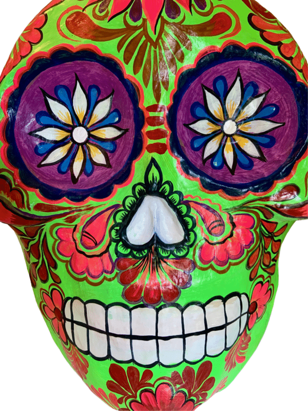 Large Green Skull Mask, close up view, 22 inches tall