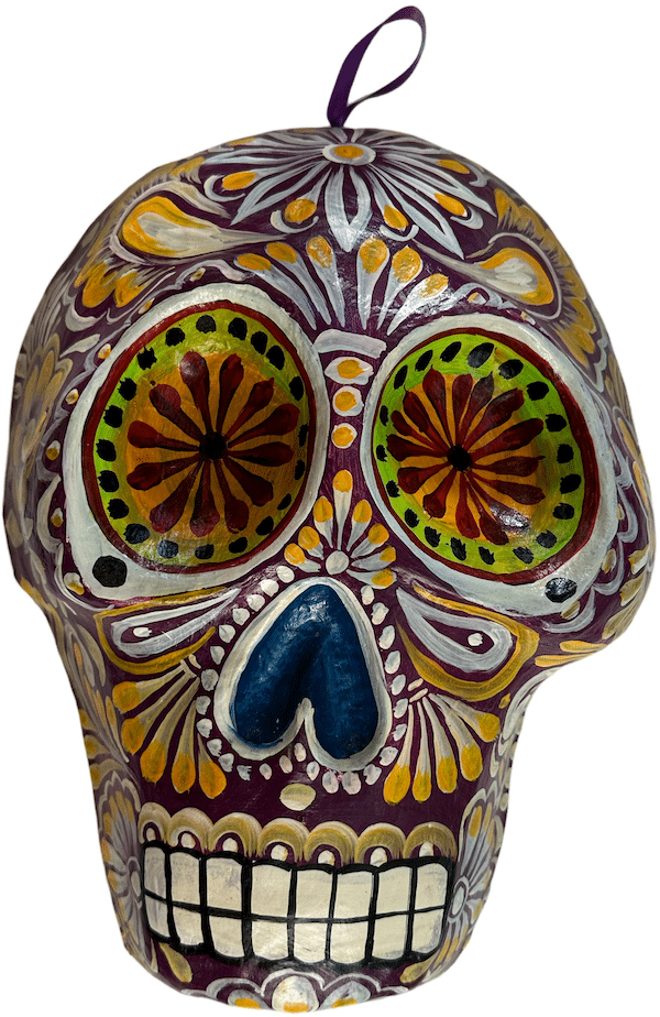 Small Purple Skull Mask, Front View, Made of paper maché