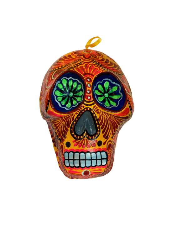 Small Orange Skull Mask, front view, 14 inches tall