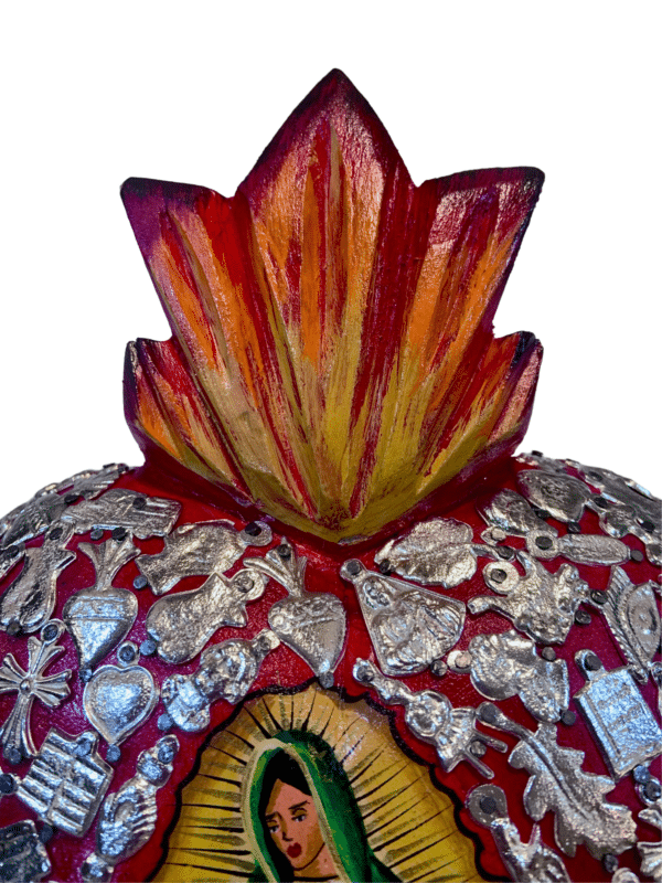 The Lady of Guadalupe Heart with Milagros, Flame Detail