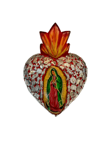 The Lady of Guadalupe Heart with Milagros