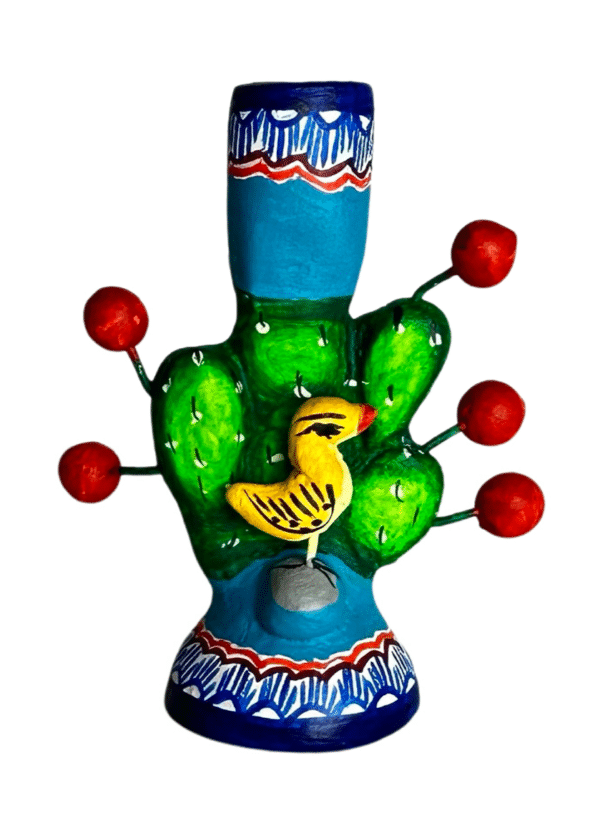 Miniature Candlestick With Cactus And Yellow Bird, Front View